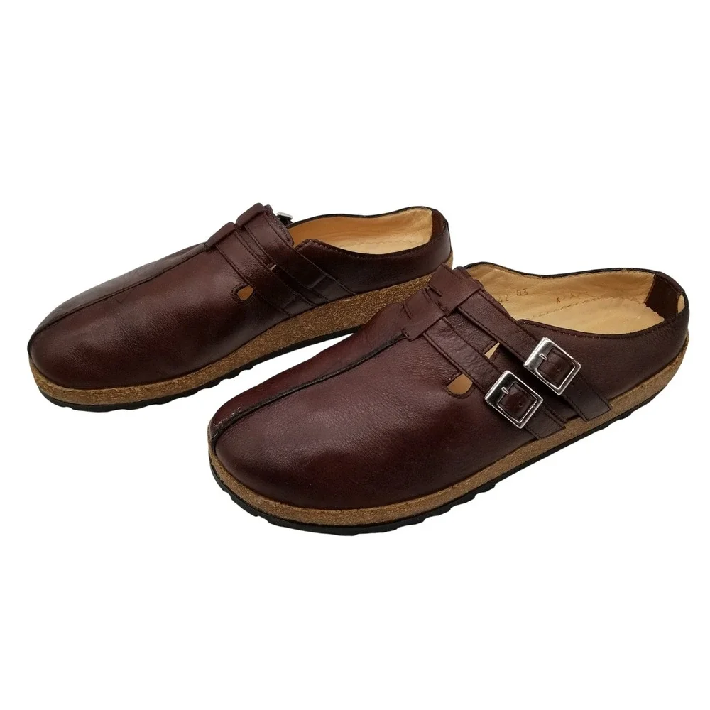 Haflinger Leather Clogs Men 42 Brown Double Buckle Cork Mules 44927